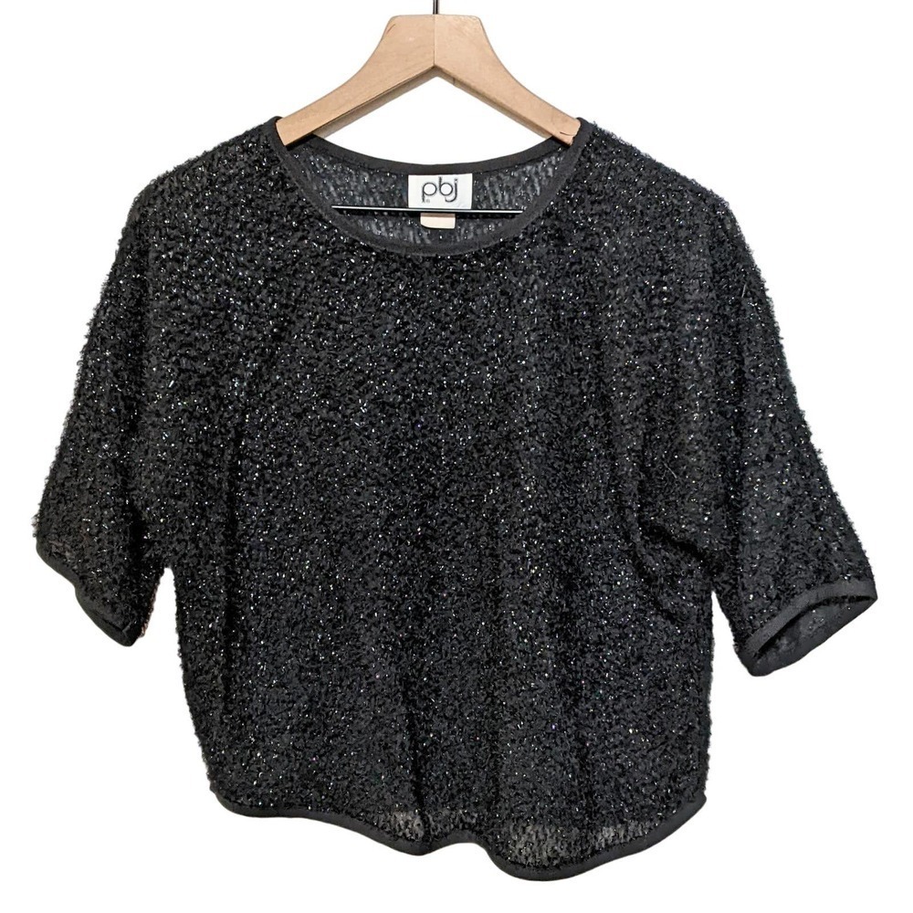 Vintage PBJ Womens Metallic Eyelash Sweater Size M Black Short Sleeve Y2K Crop